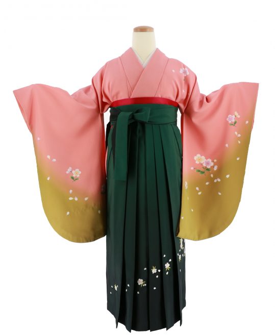 卒業式袴レンタルNo.534[シンプル]サーモンピンク×黄緑グラデ・桜